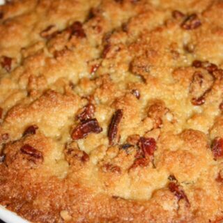 Sweet Potato is a versatile side dish.  This crumble version boosts the flavour with a crunchy topping loaded with brown sugar and pecans.  