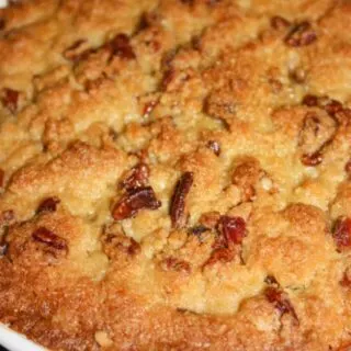 Sweet Potato is a versatile side dish.  This crumble version boosts the flavour with a crunchy topping loaded with brown sugar and pecans.  