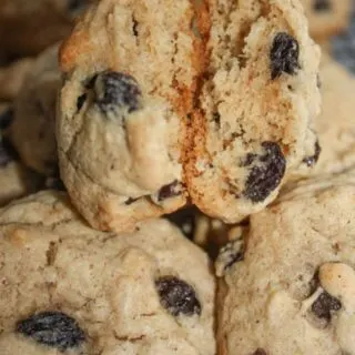 Jumbo Raisin Cookies are loaded with flavour and raisins.  This soft gluten free cookie, with hints of cinnamon and cloves, is a great snack on a cool day paired with hot chocolate or your favourite tea blend.