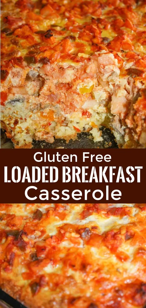 Loaded Breakfast Casserole is an easy breakfast or brunch casserole recipe. This egg casserole is loaded with mushrooms, peppers, sausage, salsa and cheese and has a base made with gluten free bisquick.