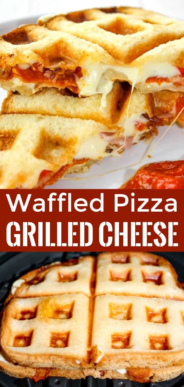 Waffled Pizza Grilled Cheese is a tasty lunch or easy dinner recipe the whole family will love. These waffle maker grilled cheese sandwiches are made with gluten free bread and loaded with pepperoni, cheese, bacon, ham and peppers.