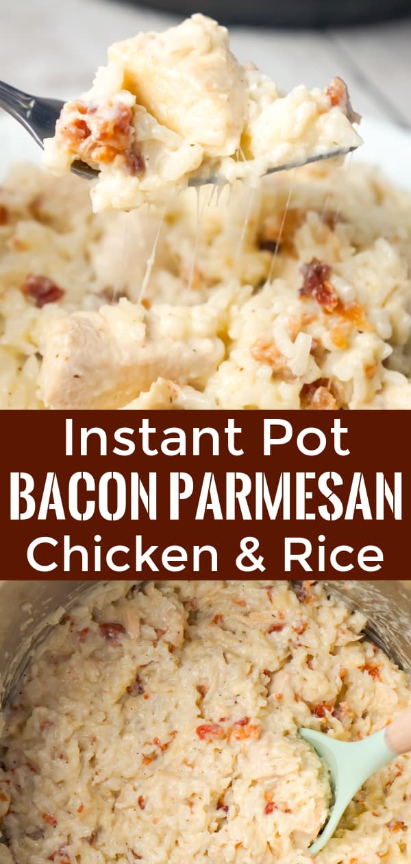 Instant Pot Bacon Parmesan Chicken and Rice is an easy pressure cooker chicken dinner recipe made with boneless, skinless chicken breasts and long grain rice, loaded with crumbled bacon and Parmesan cheese.