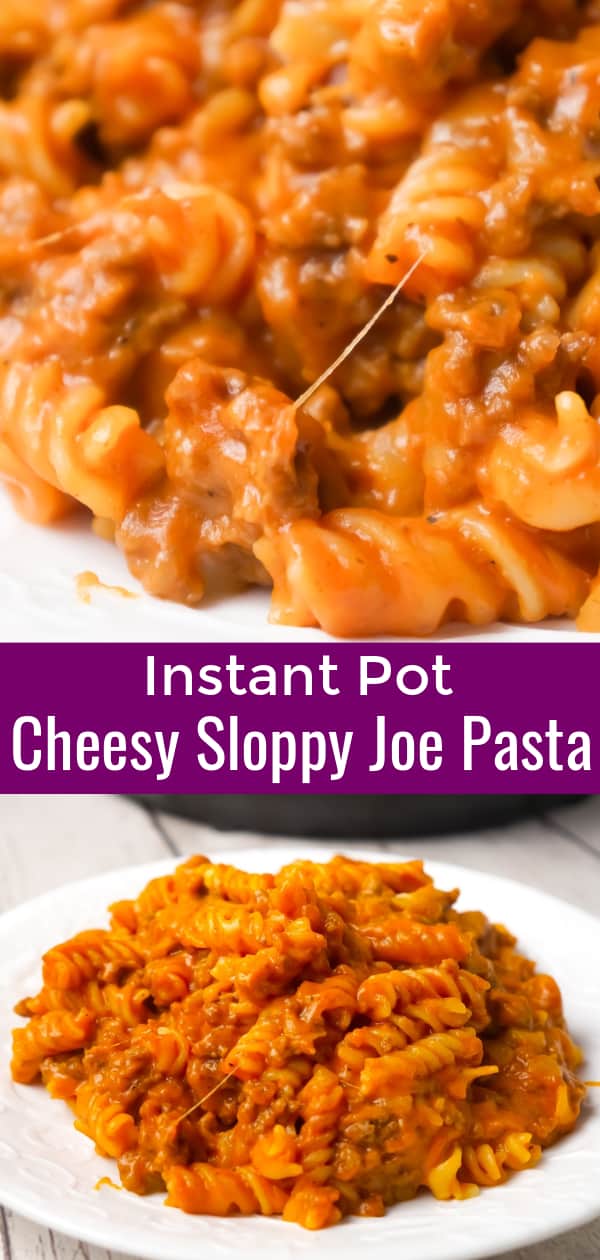 Instant Pot Cheesy Sloppy Joe Pasta is an easy gluten free pasta recipe loaded with ground beef, homemade sloppy joe sauce, mozzarella and cheddar cheese.