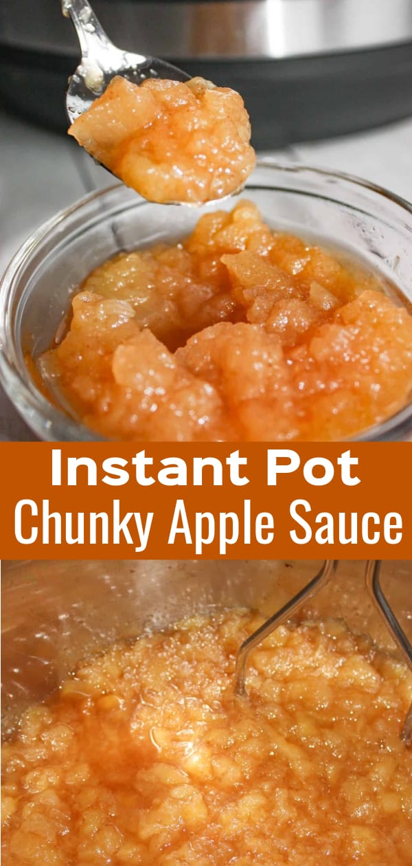 Instant Pot Chunky Apple Sauce is a delicious treat perfect for serving as a dessert or as a sauce to accompany meat. This chunky gluten free apple sauce is seasoned with cinnamon.