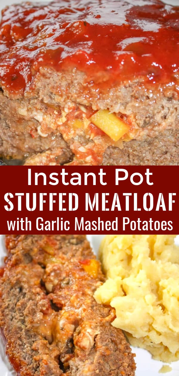 Instant Pot Stuffed Meatloaf with Garlic Mashed Potatoes is an easy pressure cooker ground beef dinner recipe. This gluten free meatloaf is stuffed with salsa, peppers, mushrooms and cheese.