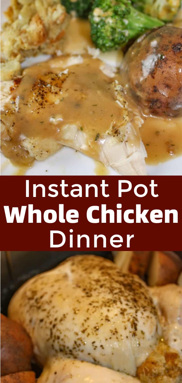 Instant Pot Whole Chicken Dinner is a complete one pot meal. This stuffed chicken and sides of broccoli and potatoes are all cooked in the pressure cooker.