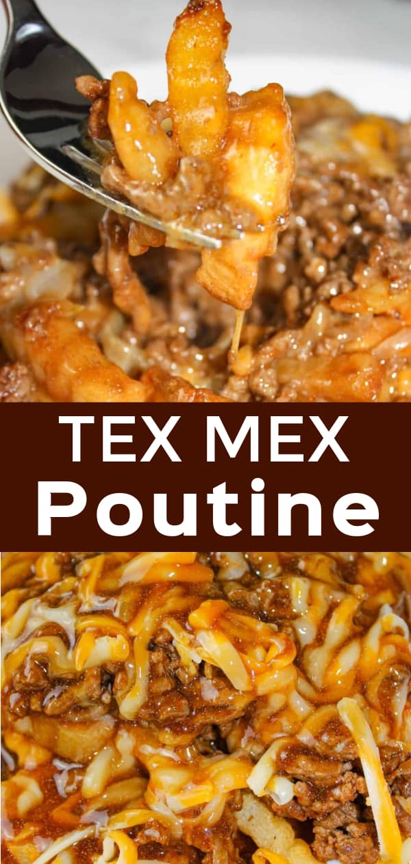 Tex Mex Poutine is perfect as an easy dinner or party snack. These French fries are loaded with ground beef, gravy, taco seasoning and shredded cheese.