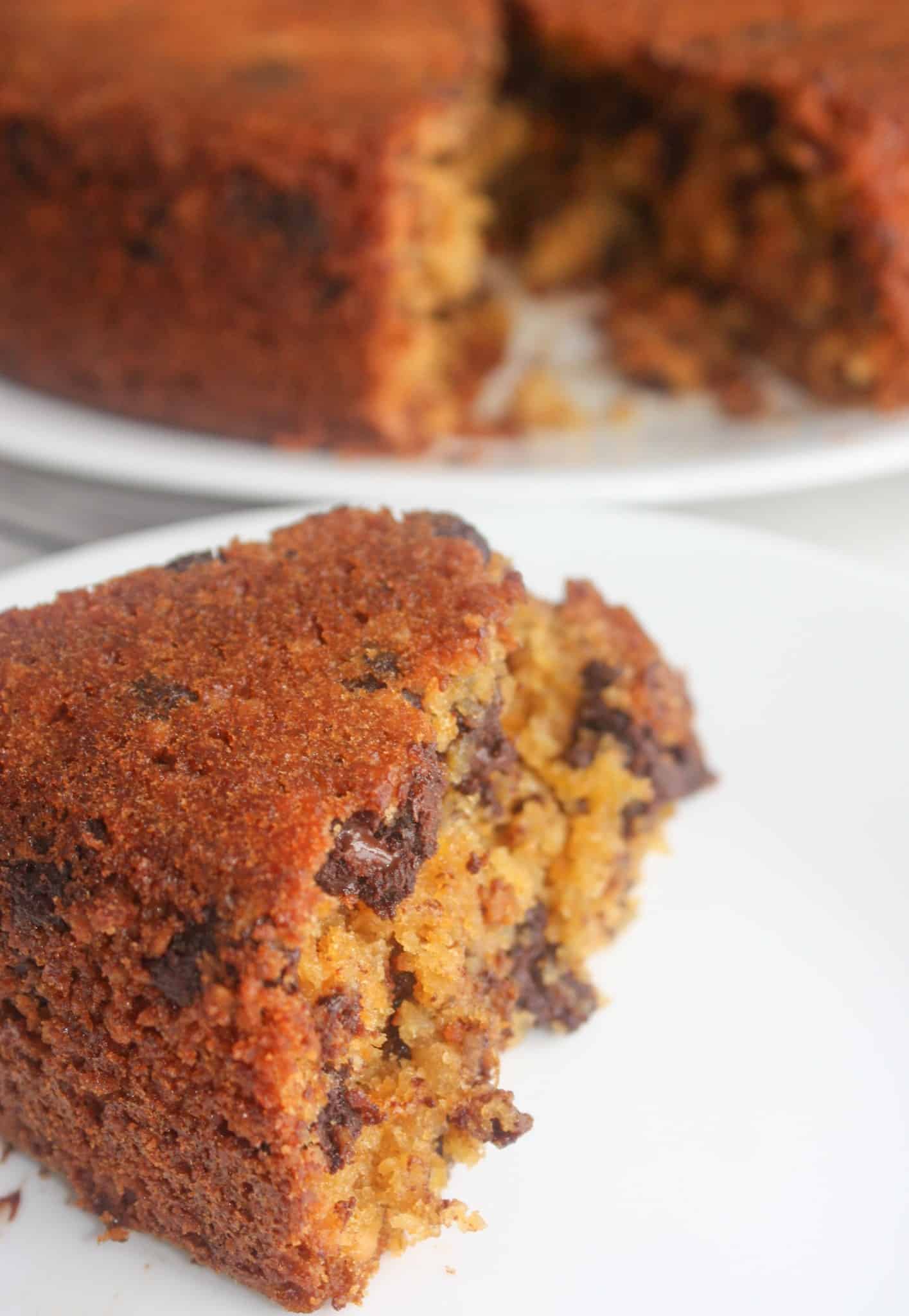 Oatmeal Chocolate Chip Cake is more like a coffee cake or old fashioned snack cake.   The addition of sweet potato in this gluten free version gives added moisture and goodness.
