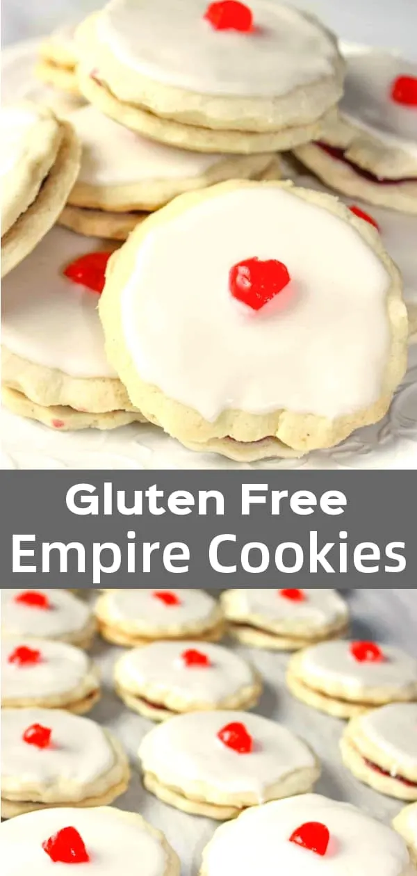 Gluten Free Empire Cookies are delicious jam filled cookies topped with sweet almond icing and cherries.