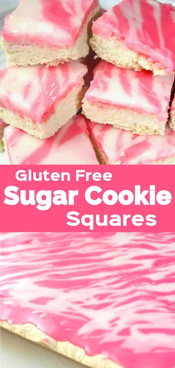Gluten Free Iced Sugar Cookie Squares are an easy dessert recipe pefect for Valentine's Day. These sugar cookie bars with pink and wihte icing are made with Bob's Red Mill gluten free flour.