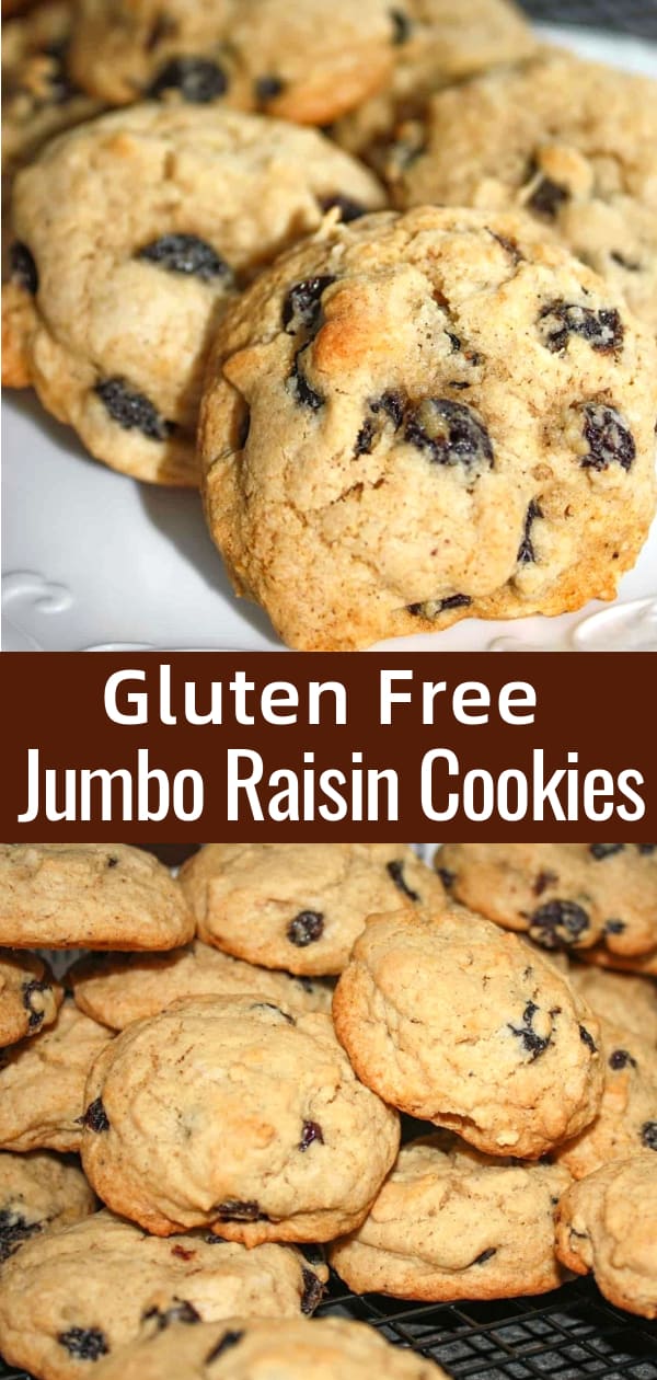 Gluten Free Jumbo Raisin Cookies are tasty soft cookies with hints of cinnamon and cloves loaded with raisins. These raisin cookies are made with Bob's Red Mill gluten free flour.