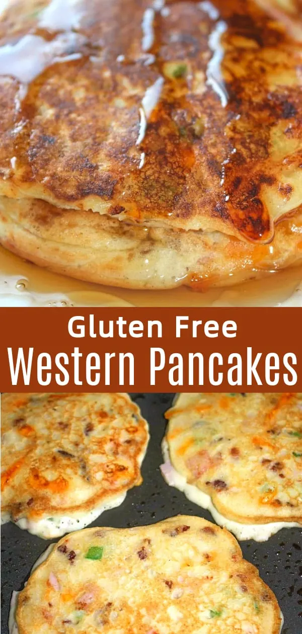 Gluten Free Western Pancakes are a savoury pancake loaded with ham, bacon, onions, green pepper and cheese.