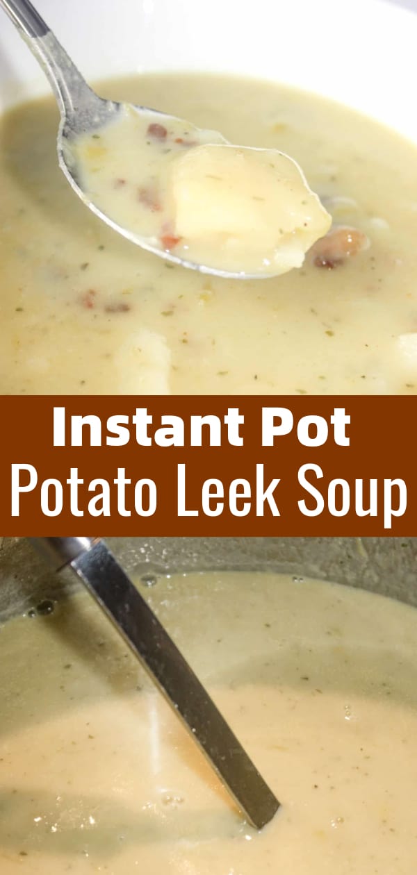 Instant Pot Potato Leek Soup is a delicious gluten free potato soup recipe loaded with chopped leeks and garnished with crumbled bacon.