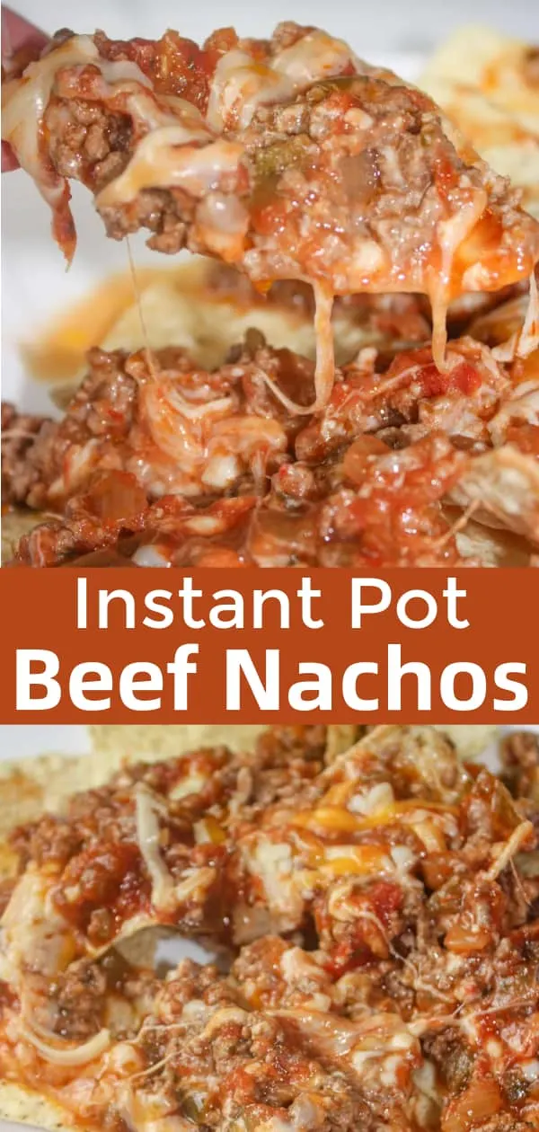 Instant Pot Beef Nachos are an easy dinner or party food recipe. These hearty nachos are loaded with a ground beef, cheese and salsa mixture prepared in the Instant Pot.