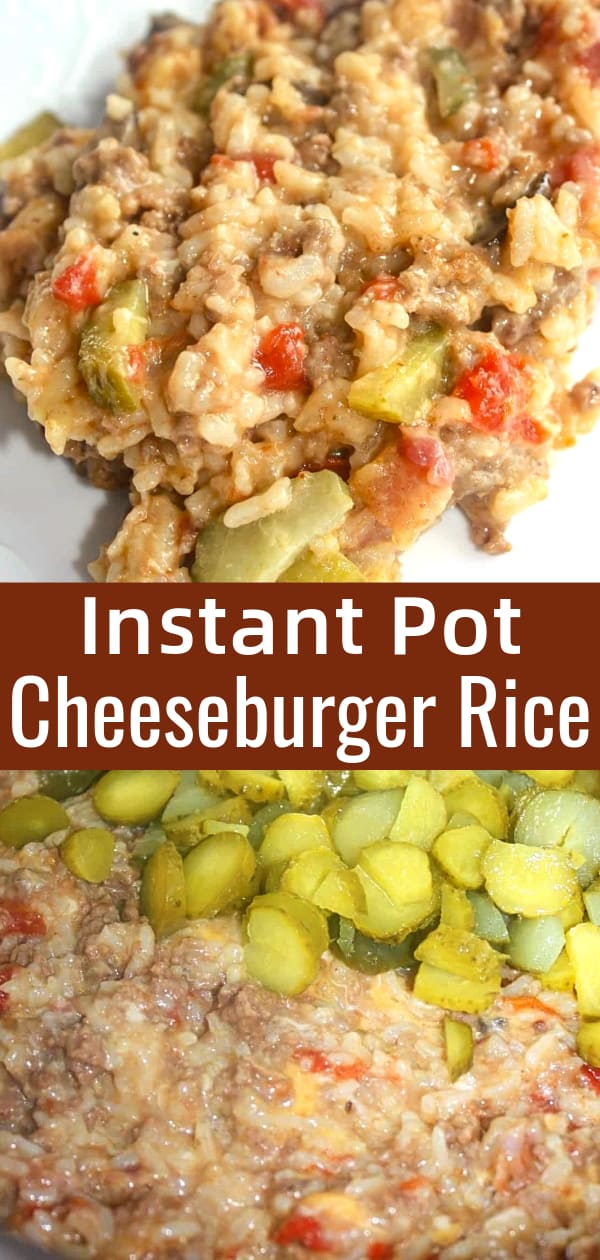 Instant Pot Cheeseburger Rice is an easy pressure cooker dinner recipe. This ground beef and rice dish is loaded with cheese, diced tomatoes, dill pickles and bacon.