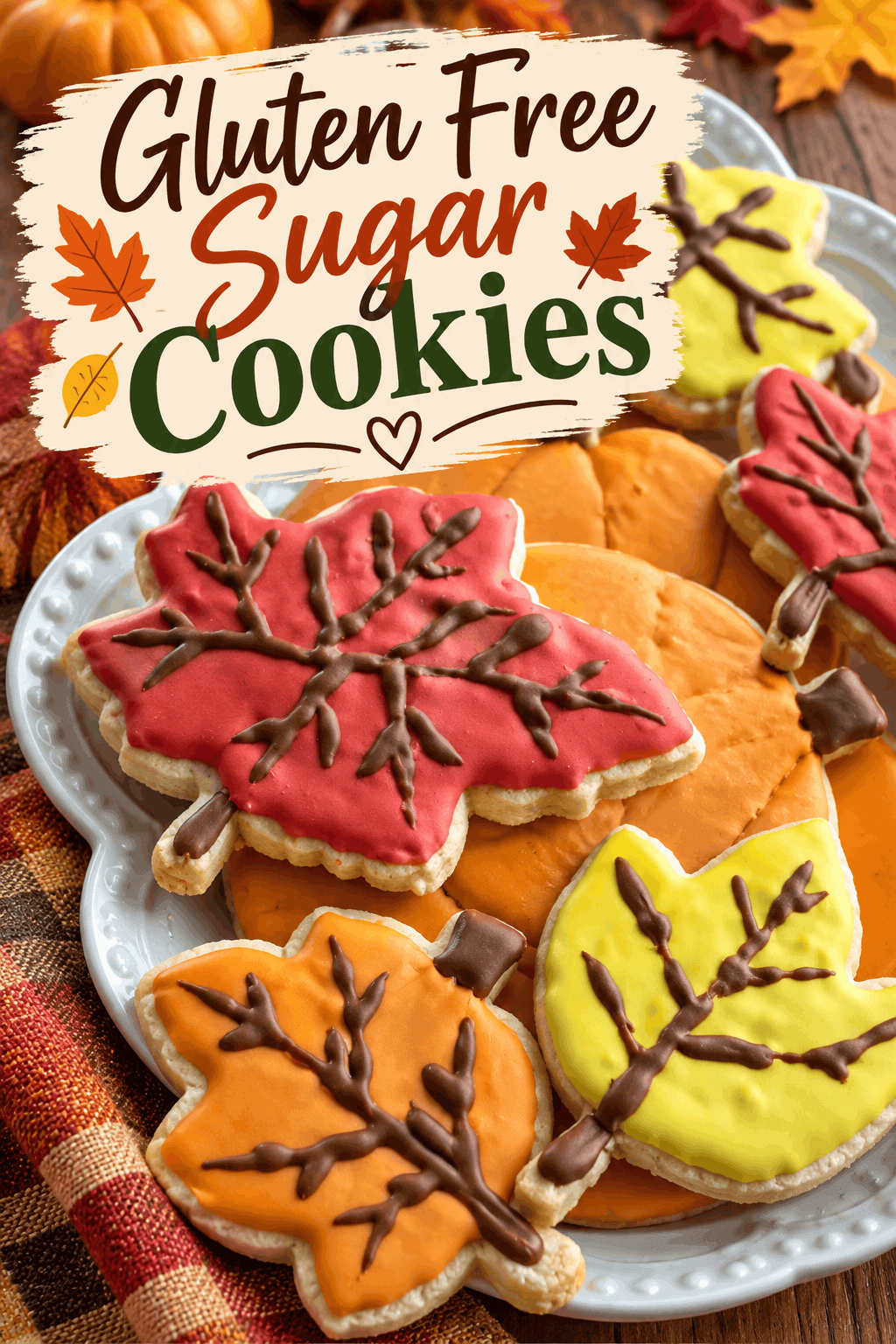 🍂 These Gluten Free Sugar Cookies are perfect for fall baking! Cut into beautiful autumn leaves and pumpkin shapes, these festive cookies are decorated with colourful icing and chocolate details for a fun seasonal treat. Perfect for Thanksgiving celebrations, fall parties, cookie decorating with the kids, or sharing with family and friends. Save this easy gluten free cookie idea for your next autumn baking day! 🍪🧡