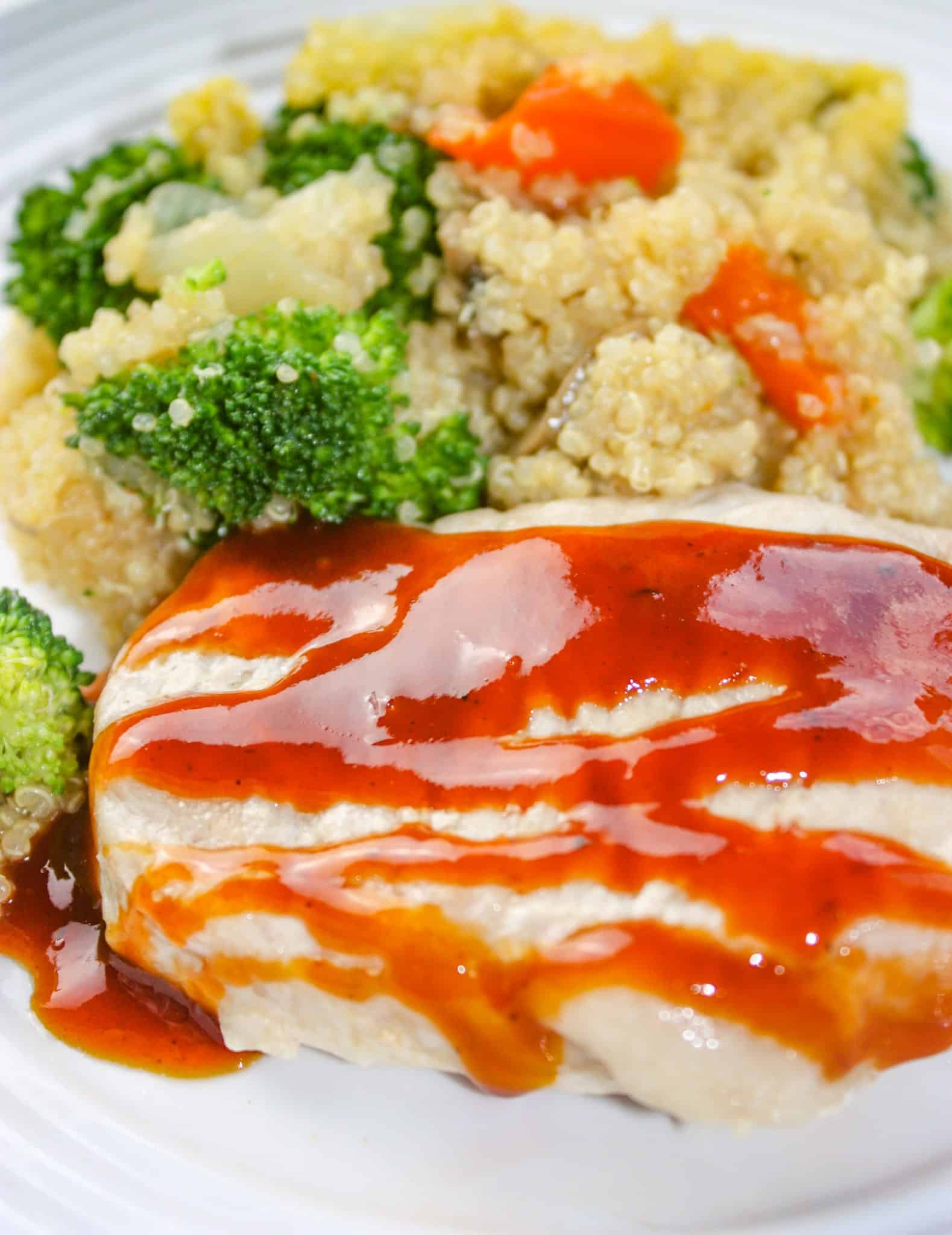Instant Pot Pork Chops and Loaded Quinoa is an easy pressure cooker recipe that allows you to cook your whole meal at once.    Quinoa, loaded with vegetables, and pork chops, smothered in BBQ sauce, provide a wholesome, flavourful dinner for your whole family.