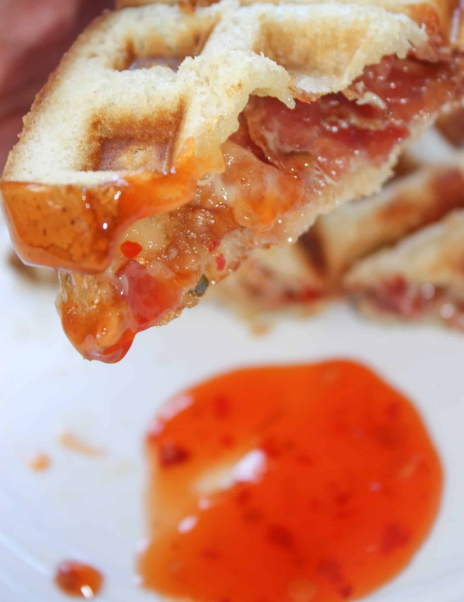 Peppery mozzarella cheese, topped with bacon slices, layered between slices of gluten free bread pressed in the waffle iron to create an appetizing delight.  Spicy Waffled Grilled Cheese with Bacon wakes up the taste buds with a burst of heat.  
