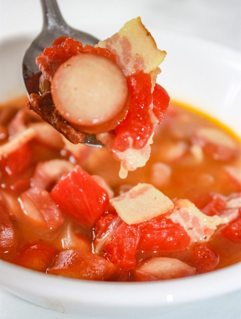 Instant Pot Pork and Bean Soup is an easy comfort meal for the whole family.  Loaded with bacon and weiners it is sure to be a hit with young and old alike!