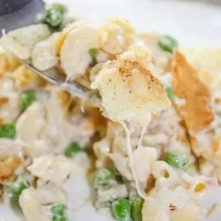 Gluten Free Tuna Casserole is an easy dinner recipe that combines canned tuna with cheesy pasta and frozen peas. This gluten free version of a family staple will not disappoint!
