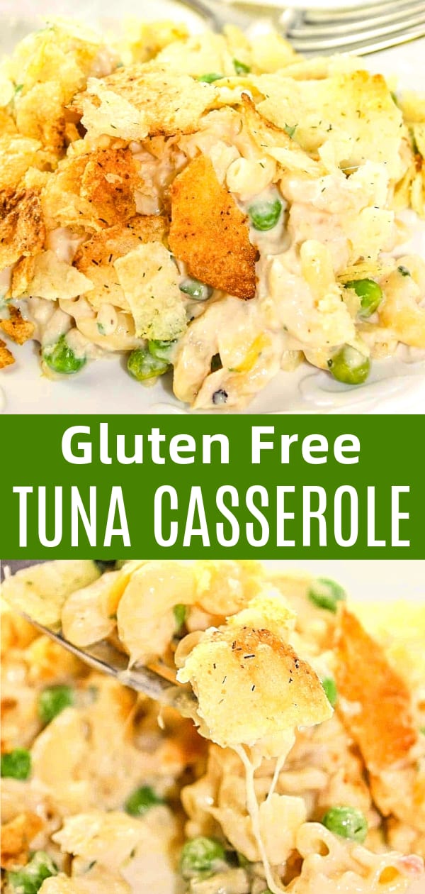 Gluten Free Tuna Casserole is an easy dinner recipe that combines canned tuna with cheesy pasta and frozen peas and crushed dill pickle potato chips for a crunchy topping.
