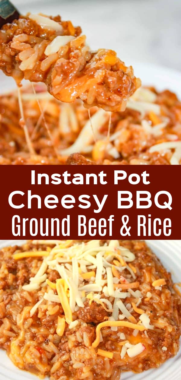 Instant Pot Cheesy BBQ Ground Beef and Rice is an easy gluten free dinner recipe. This pressure cooker ground beef and rice dish is loaded with barbecue sauce and shredded cheese.