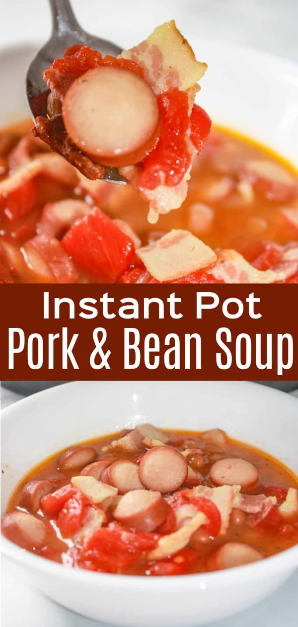 Instant Pot Pork and Bean Soup is an easy gluten free soup recipe loaded with bacon and chopped wieners. This hearty soup is made with baked beans and diced tomatoes.