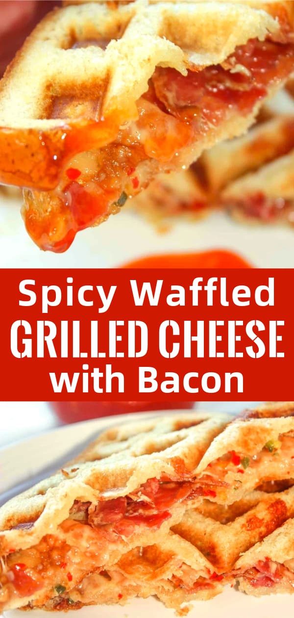 Spicy Waffled Grilled Cheese with Bacon is a delicious gluten free sandwich recipe. This spicy grilled cheese is made with mozzarella cheese loaded with peppers and slices of bacon and cooked in a waffle iron.