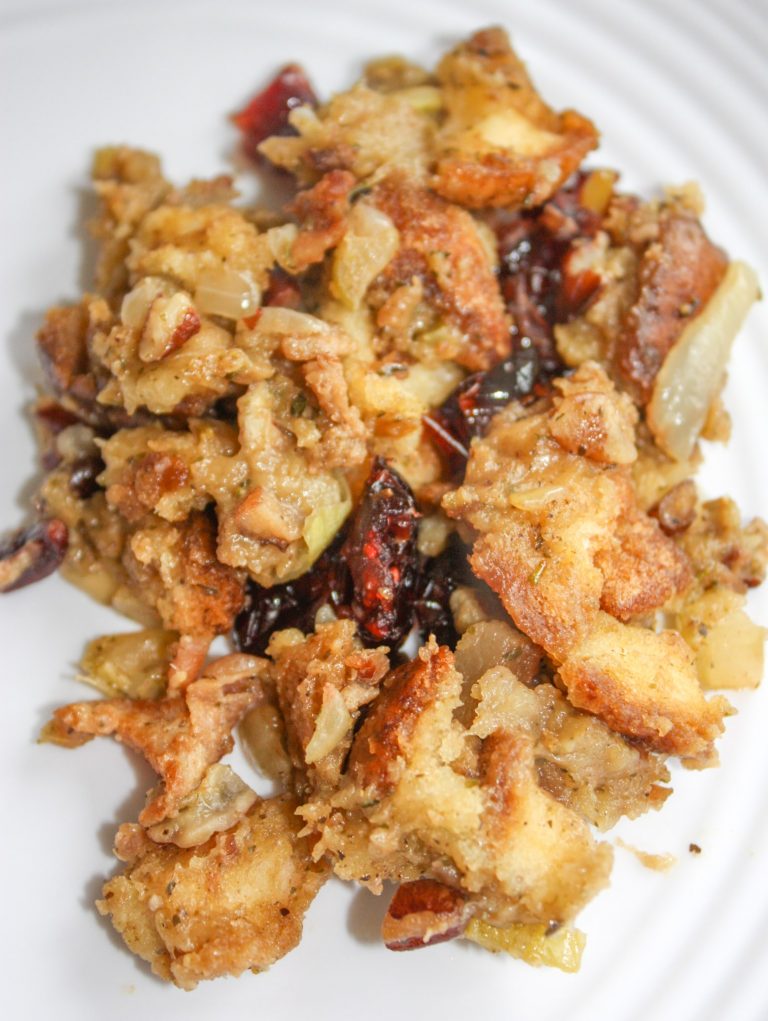 Instant Pot Festive Stuffing is a twist on my traditional stuffing.  This gluten free stuffing has the added flavours of dried cranberries, bacon and pecans.