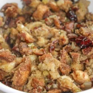 Instant Pot Festive Stuffing is a twist on my traditional stuffing.  This gluten free stuffing has the added flavours of dried cranberries, bacon and pecans.