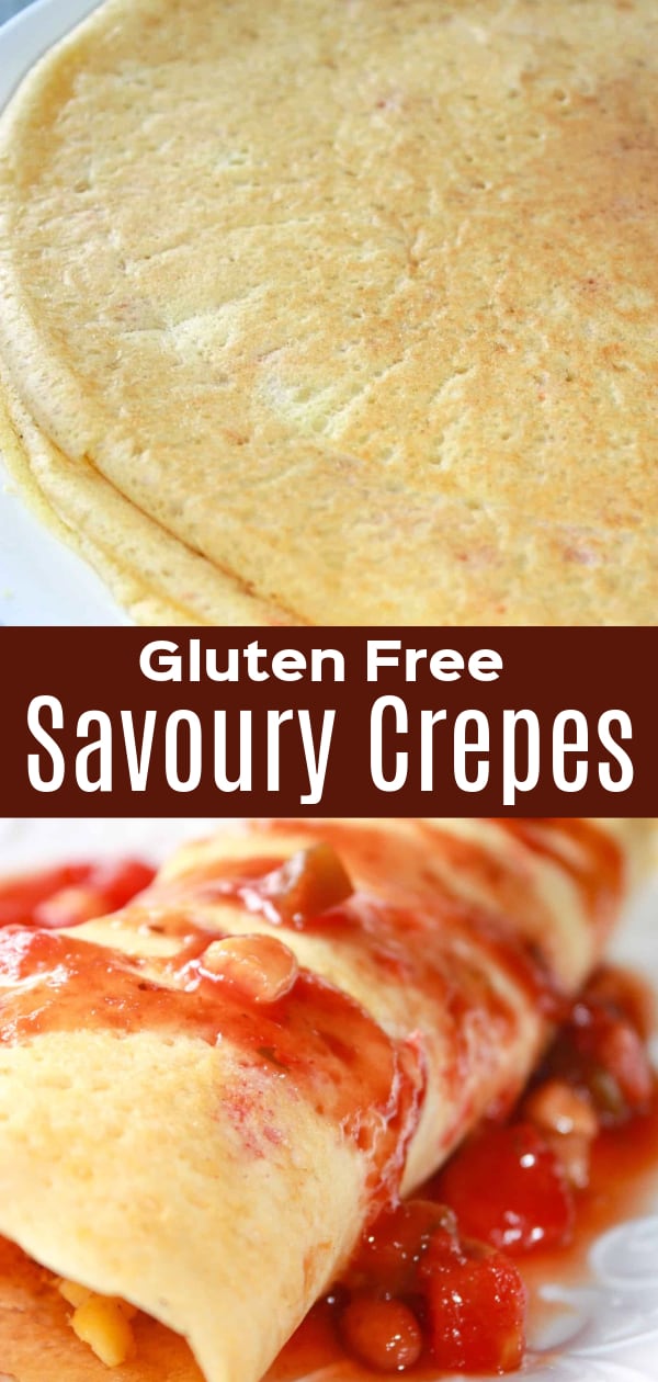 Gluten Free Savoury Crepes are a tasty breakfast recipe made with gluten free Bisquick and Bob's Red Mill flour. These tasty crepes get a bit of a kick from some Frank's Red Hot sauce and diced banana peppers.