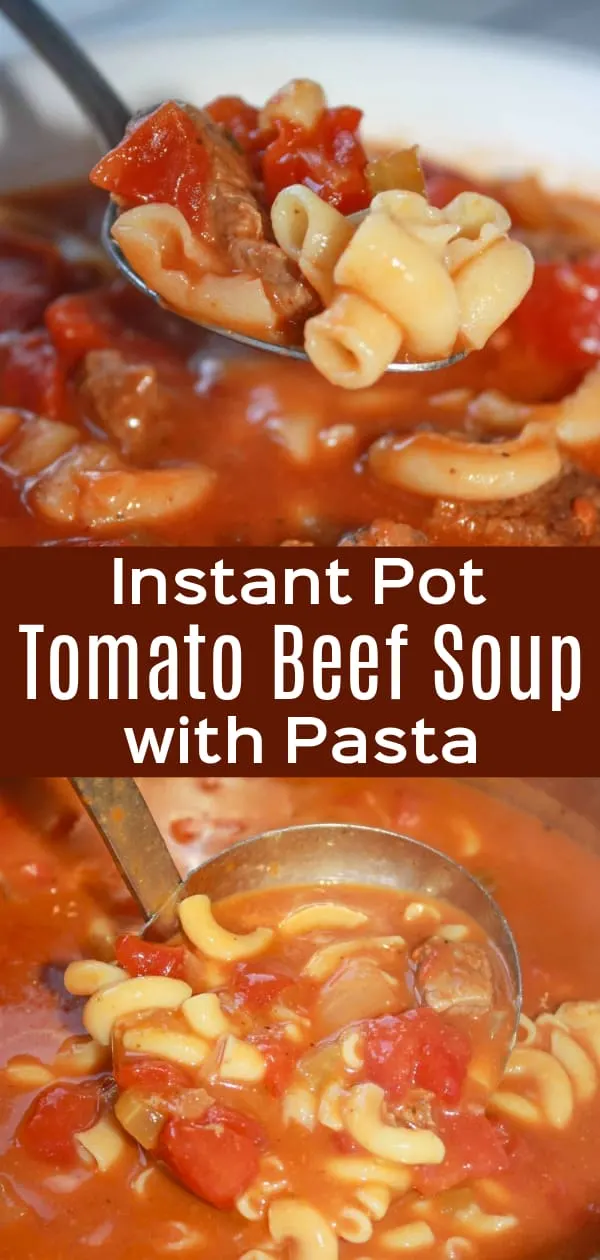 Instant Pot Tomato Beef Soup with Pasta is a hearty gluten free soup recipe. This pressure cooker soup is loaded with stewing beef, diced tomatoes and macaroni noodles.