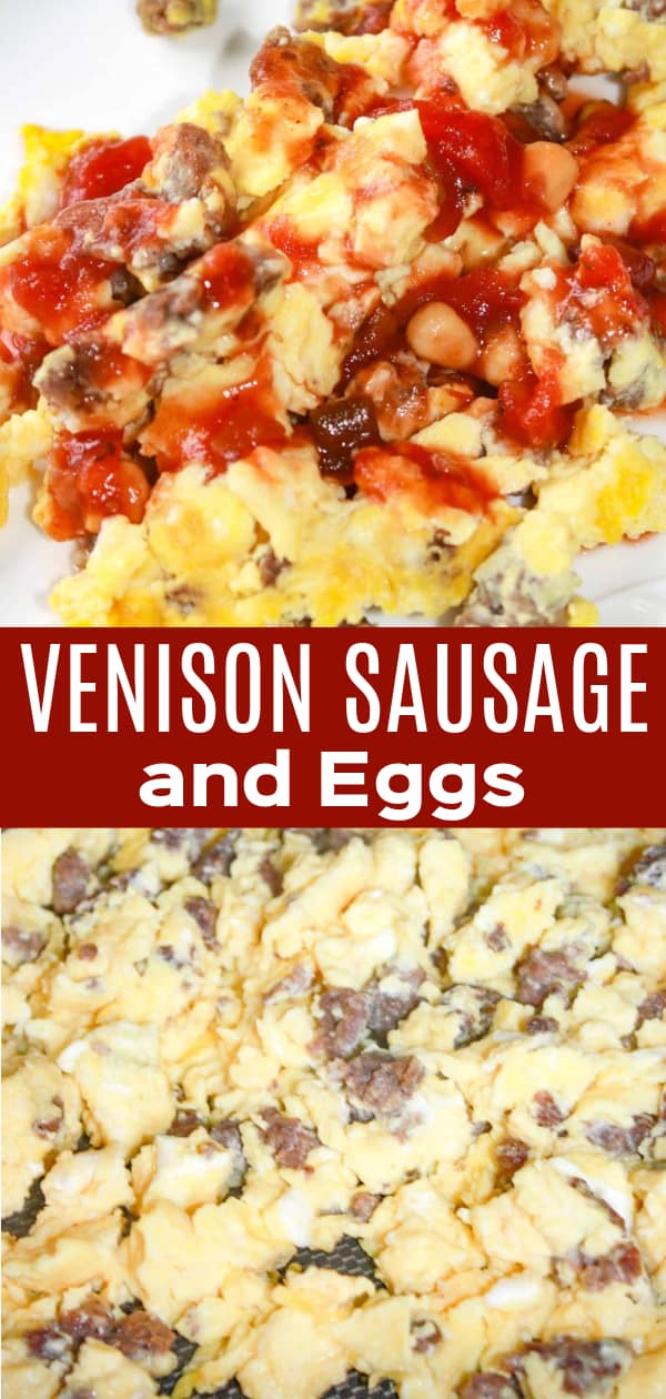 Venison Sausage and Eggs is a tasty breakfast dish topped with a salsa and maple syrup sauce.