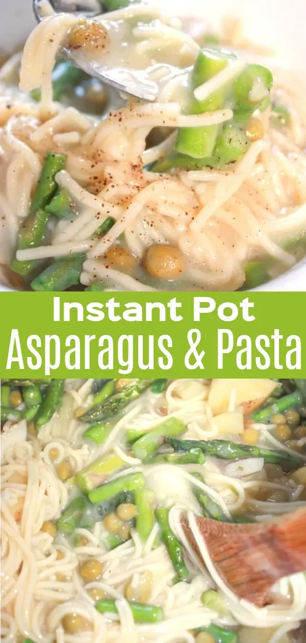Instant Pot Asparagus and Pasta is an easy gluten free pressure cooker dinner recipe. This Instant Pot spaghetti dish is loaded with chopped asparagus, potatoes and peas.