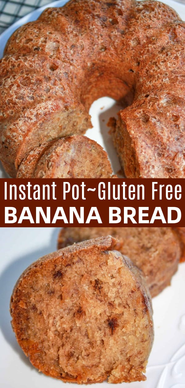 Instant Pot Gluten Free Banana Bread is a moist and delicious treat. This easy pressure cooker banana bread recipe is made using apple sauce and Bob's Red Mill gluten free flour.
