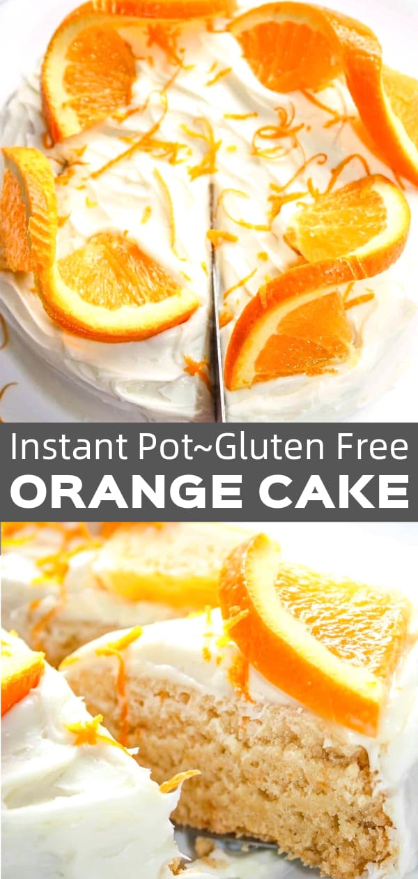 Instant Pot Orange Cake is a tasty gluten free dessert recipe. This citrus cake is made with Bob's Red Mill gluten free flour and topped with vanilla frosting and orange slices.