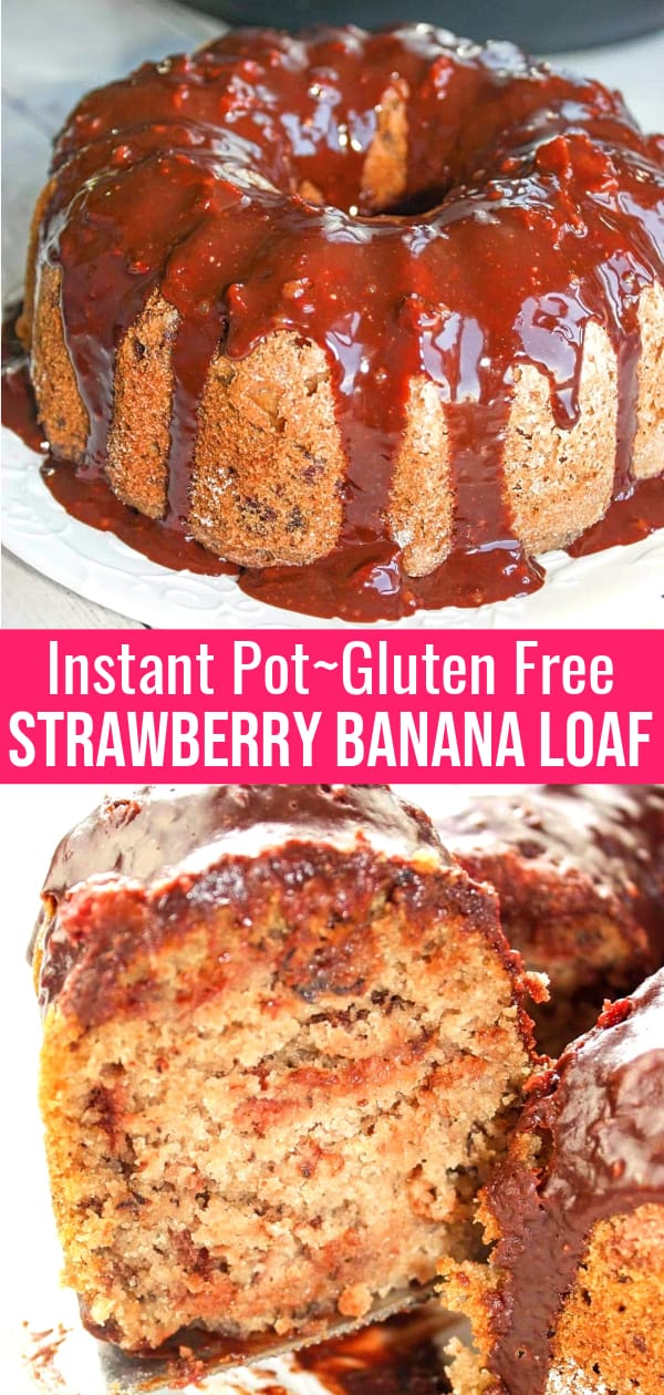 Instant Pot Strawberry Banana Loaf is a delicious gluten free pressure cooker treat. This tasty loaf is made with Bob's Red Mill flour and loaded with mashed bananas and strawberries. This gluten free banana bread is finished off with a chocolate glaze.