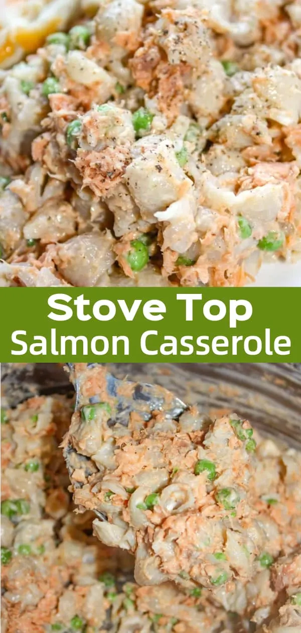 Stove Top Salmon Casserole is an easy gluten free dinner recipe. This stove top dinner is made with canned salmon, pasta and peas.