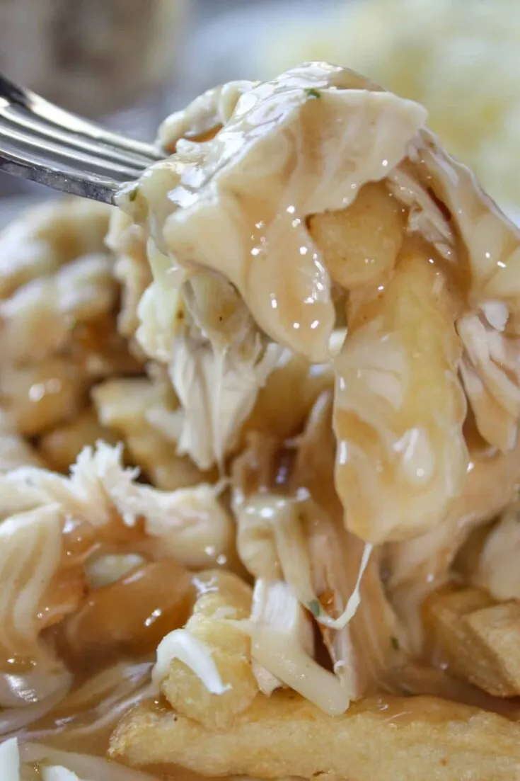 Chicken Cheese Fries is a simple, yet tasty meal, that can be prepared quickly with few ingredients.  This variation of traditional poutine is a great way to use up some leftover chicken or just grab a precooked rotisserie chicken to shred!