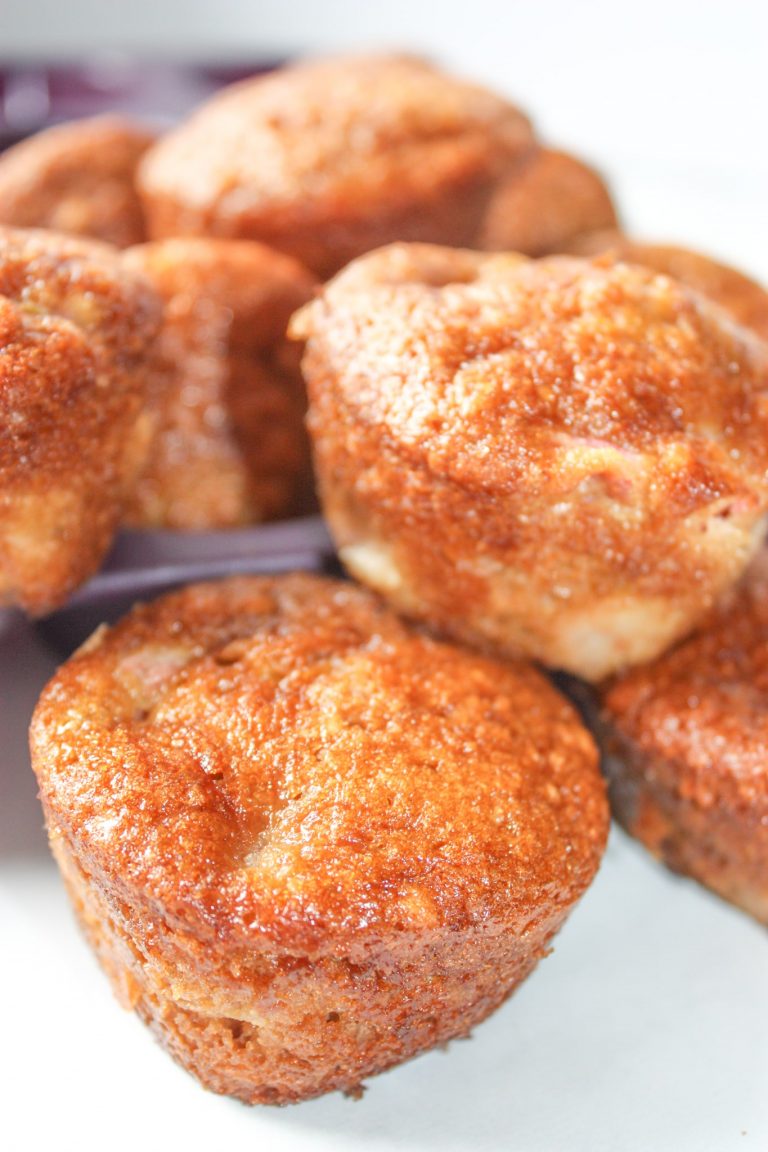 Gluten Free Rhubarb Muffins are a moist, tasty snack loaded with seasonal Rhubarb.  These gluten free muffins are great on their own or pair them with your favourite beverage.