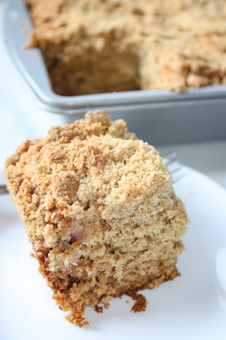 Rhubarb Streusel Coffee Cake provides another opportunity to use up some of this seasonal vegetable if you have your own healthy patch growing!  This gluten free cake is loaded with fresh rhubarb.