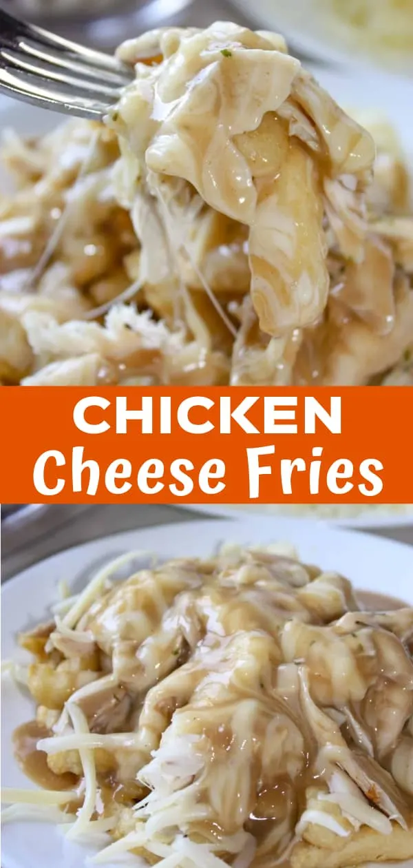 Chicken Cheese Fries are an easy dinner recipe loaded with shredded chicken, gravy and mozzarella cheese. This chicken poutine is made with gluten free gravy and crinkle cut fries.