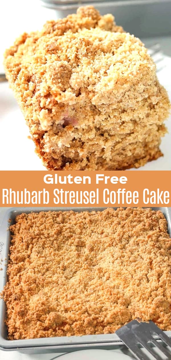 Gluten Free Rhubarb Streusel Coffee Cake is an easy gluten free dessert recipe. This coffee cake is made with fresh rhubarb and has a crunchy streusel topping.