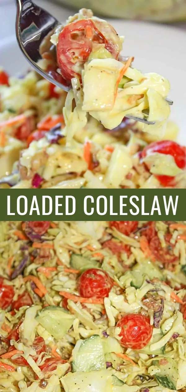 Loaded Coleslaw is a delicious summer side dish recipe perfect for potlucks. This cabbage slaw is loaded with tomatoes, cucumbers, bacon and pears.