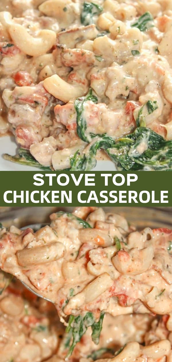 Stove Top Chicken Casserole is an easy dinner recipe made with gluten free pasta and loaded with flakes of chicken, bacon, spinach and diced tomatoes.