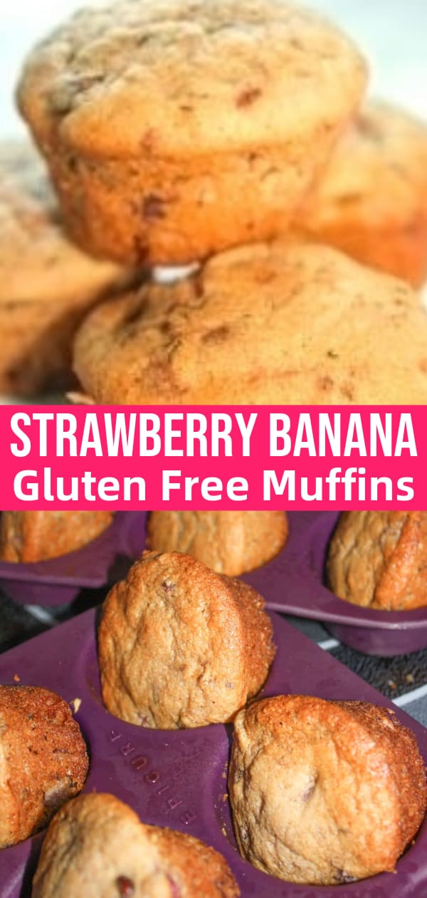 Strawberry Banana Muffins are a delicious gluten free baking recipe. The muffins are made with Bob's Red Mill Flour and loaded with mashed strawberries and bananas.