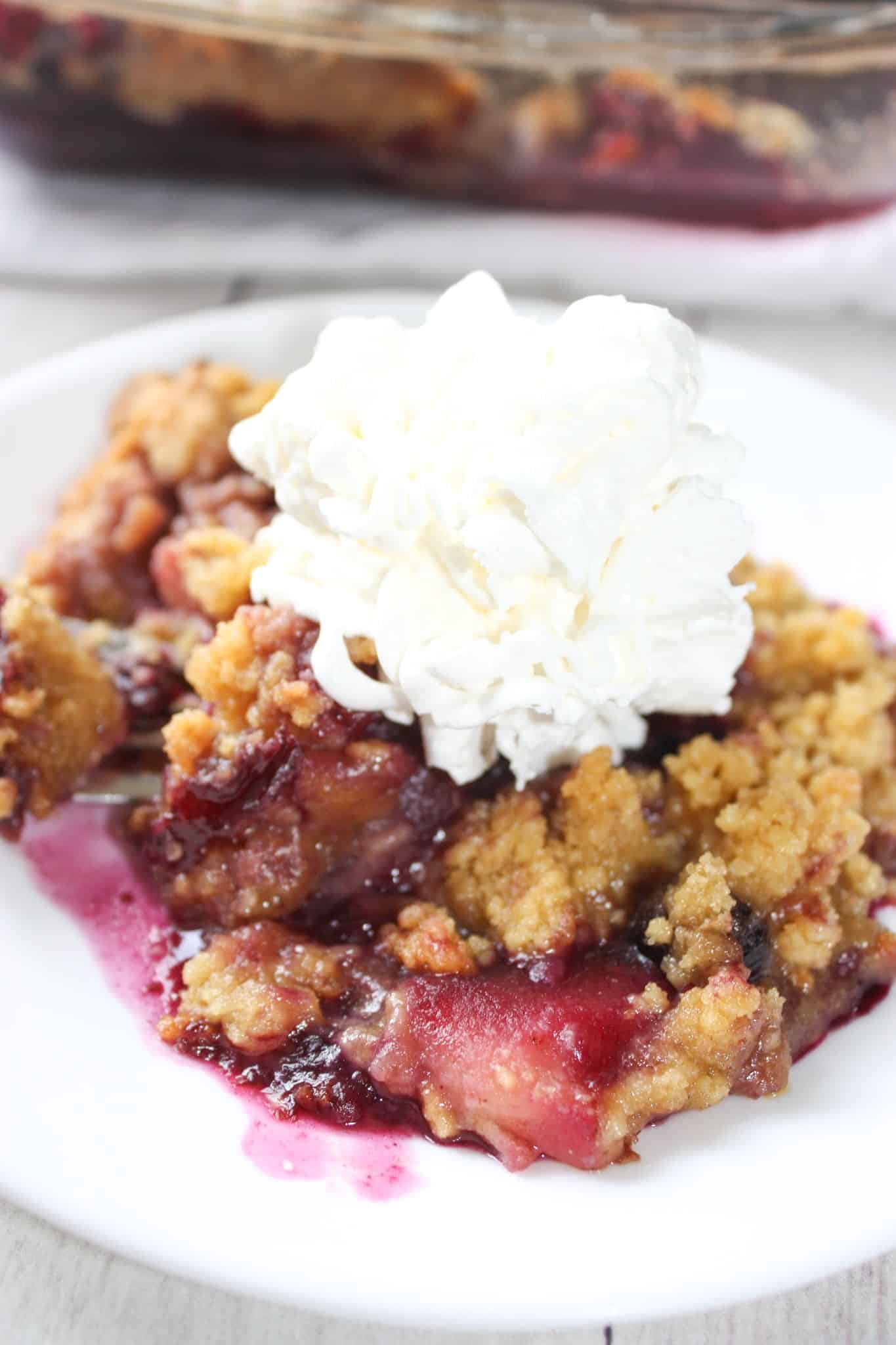 Every summer I eagerly await the arrival of fresh blueberries!  No one else in my family feels the same way about them as I do so I have to mix them with another fruit.  Gluten Free Blueberry Apple Crumble is a delcious blend of these two fruits.