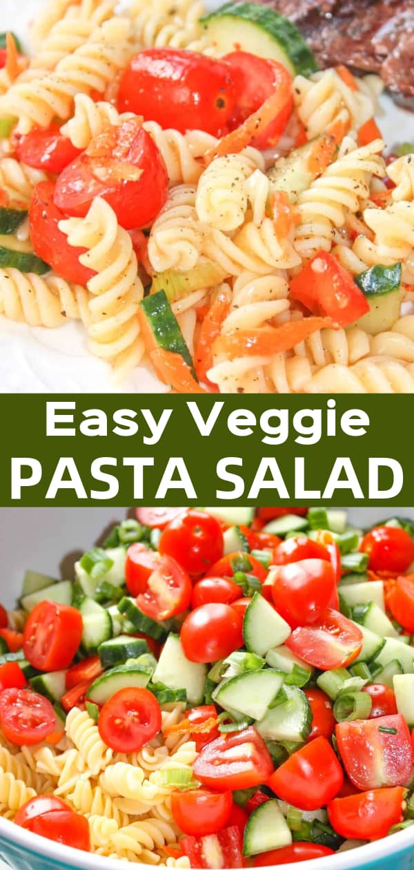 Easy Pasta Salad is a simple and delicious summer side dish recipe loaded with fresh cucumbers, tomatoes, carrots, peppers and onions all tossed in Italian dressing. This macaroni salad can be made with gluten free pasta.