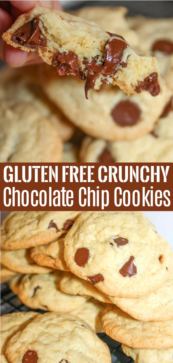 Gluten Free Crunchy Chocolate Chip Cookies are a delicious homemade cookie recipe. These crispy chocolate chip cookies are loaded with semi sweet chocolate chips and made with Bob's Red Mill gluten free flour.