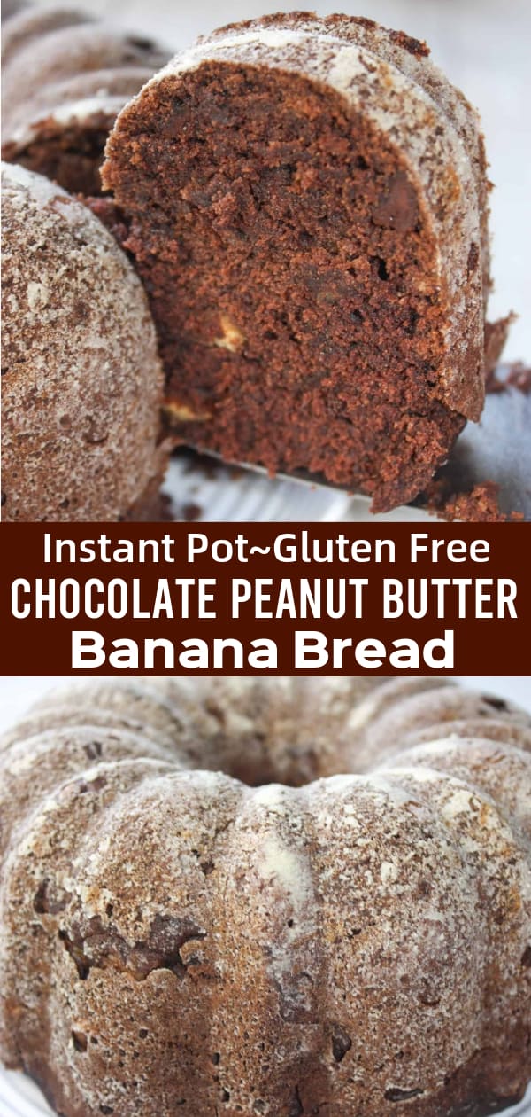 Instant Pot Chocolate Peanut Butter Banana Bread is a delicious gluten free treat made in a bundt pan.